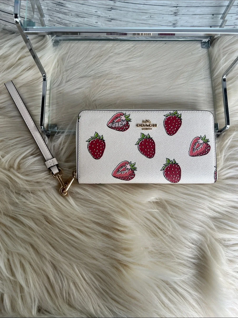 COACH White Strawberry Print Wristlet